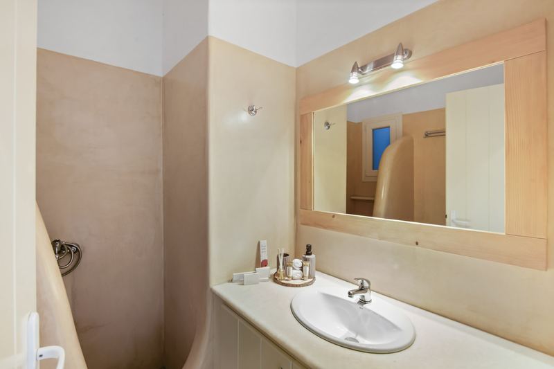Dahlia apartment, Flora Apartments Paros – bathroom with traditional shower divider