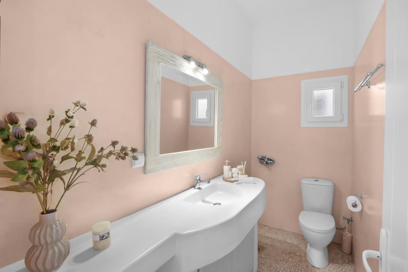 Jasmine apartment, Flora Apartments Paros – bathroom with traditional shower divider
